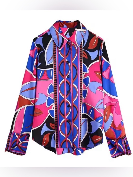 Zara Tops - Zara Colorblock Pink, Blue & Black Geometric Button-Down Shirt